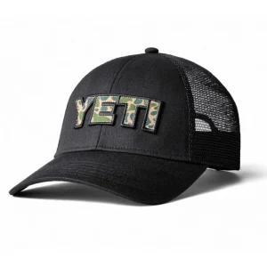 YETI CAMO LOGO BADGE TRUCKER HAT BLACK | GORRA TRUCKER AJUSTABLE