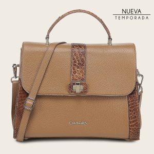 Bolso satchel en piel genuina de alligátor para dama