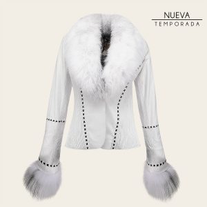 Chamarra en piel genuina de ovino con pelo de zorro para dama