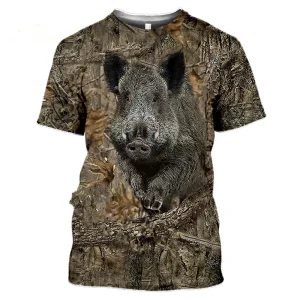 Camiseta 3D de Camuflaje Hombre y Mujer, Camisa de Manga Corta, Estampado de Jabalí Salvaje, Animales de Caza, Moda Urbana
