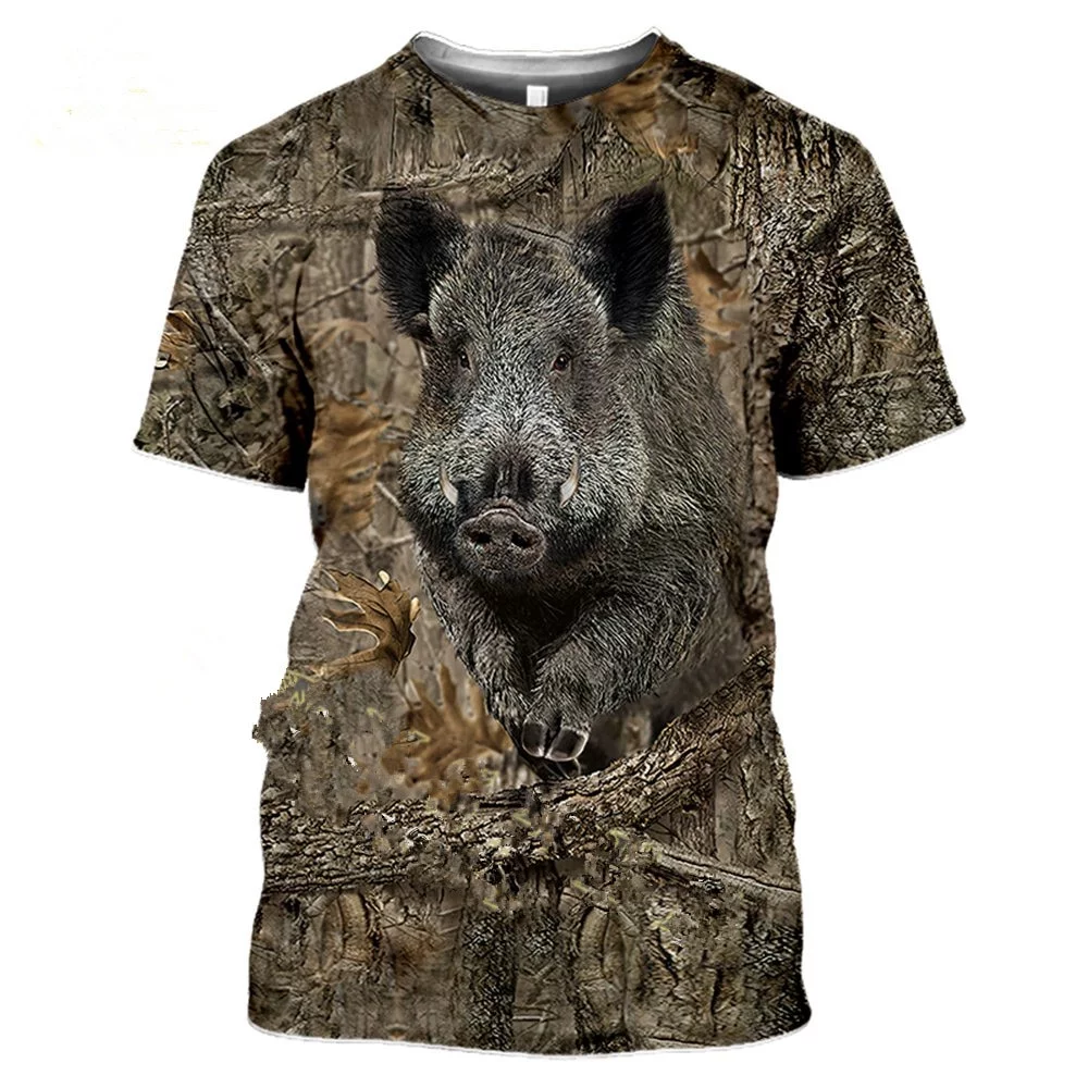 Camiseta 3D de Camuflaje Hombre y Mujer, Camisa de Manga Corta, Estampado de Jabalí Salvaje, Animales de Caza, Moda Urbana