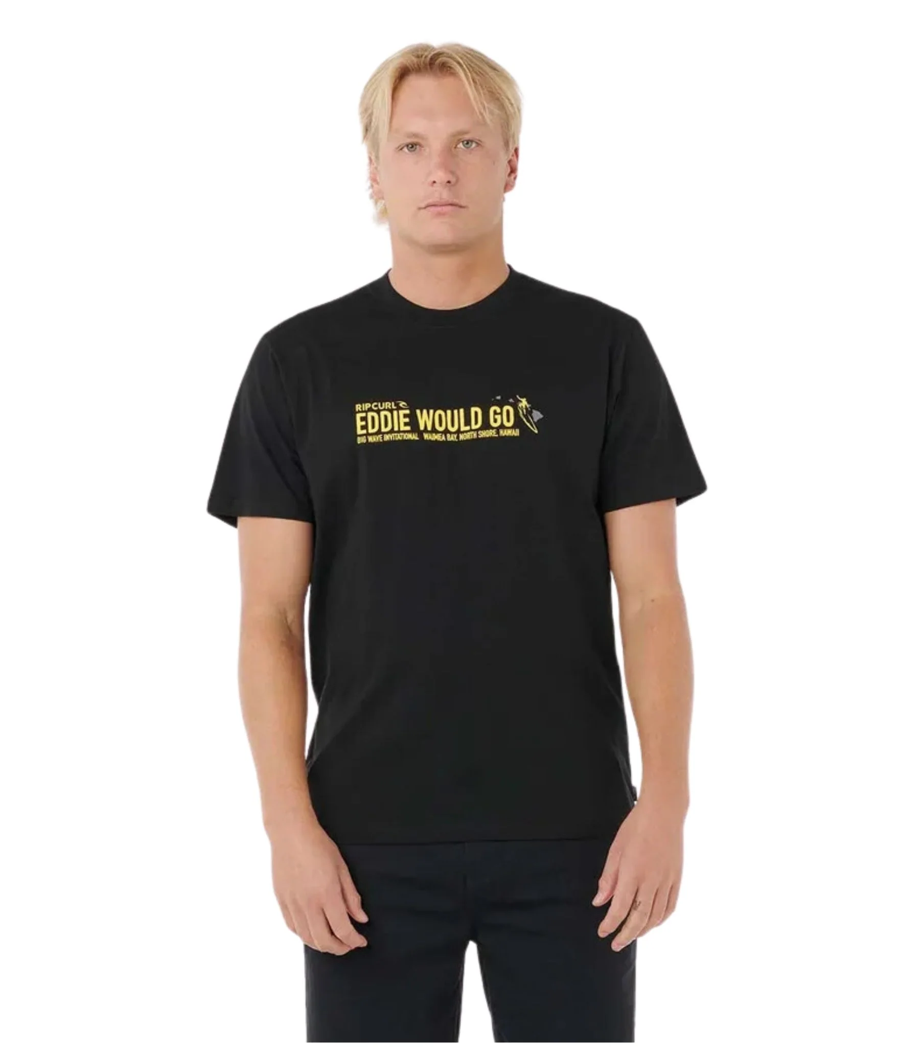 RIP CURL EDDIE WOULD GO STICKER TEE BLACK | CAMISETA SURFERA EDICION LIMITADA