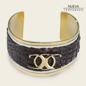 Brazalete ajustable en piel genuina de cocodrilo para dama