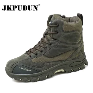 JKPUDUN-Botas militares para hombres, calzado táctico de combate, de cuero genuino, para el invierno, botín de trabajo para caza, senderismo y montañismo