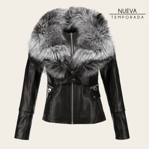 Chamarra en piel genuina de cordero con pelo de zorro para dama