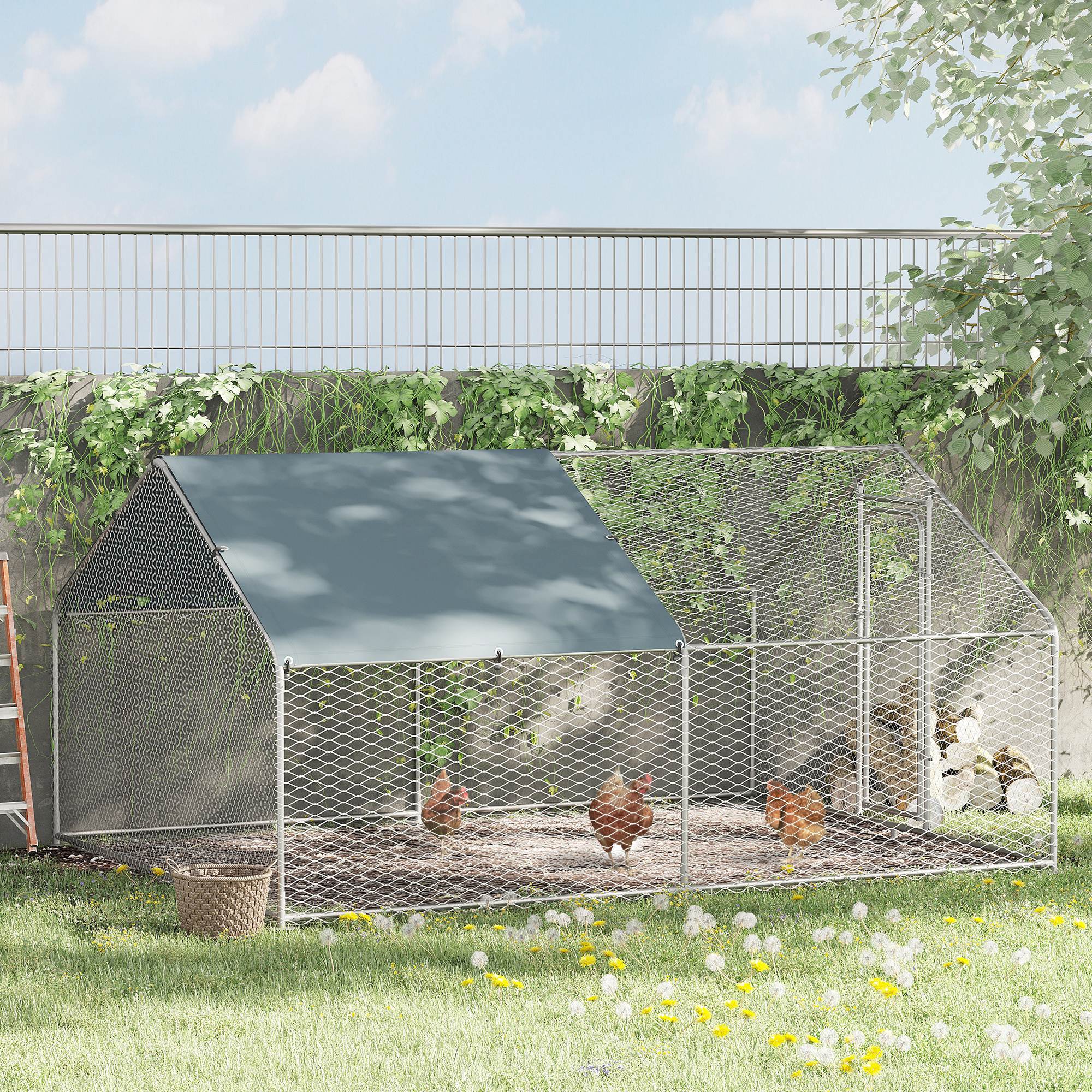 PawHut Gallinero de Exterior Grande 3x4x1,95 m Jaula de Metal Galvanizado para Gallinas Conejos Aves Corral con Cerradura y Cubierta de Tela Oxford Plata - Imagen 3