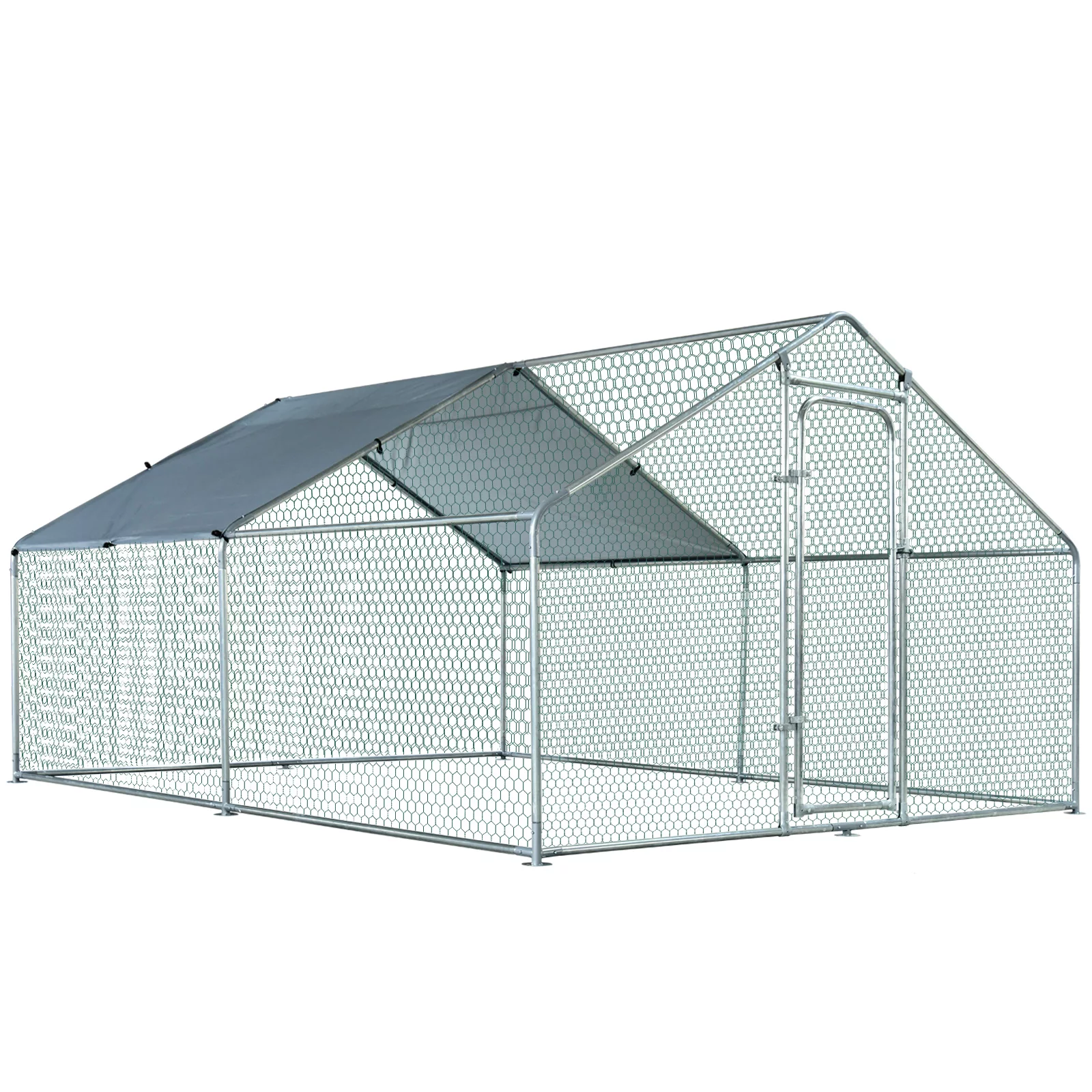 PawHut Gallinero de Exterior Grande 3x4x1,95 m Jaula de Metal Galvanizado para Gallinas Conejos Aves Corral con Cerradura y Cubierta de Tela Oxford Plata - Imagen 2