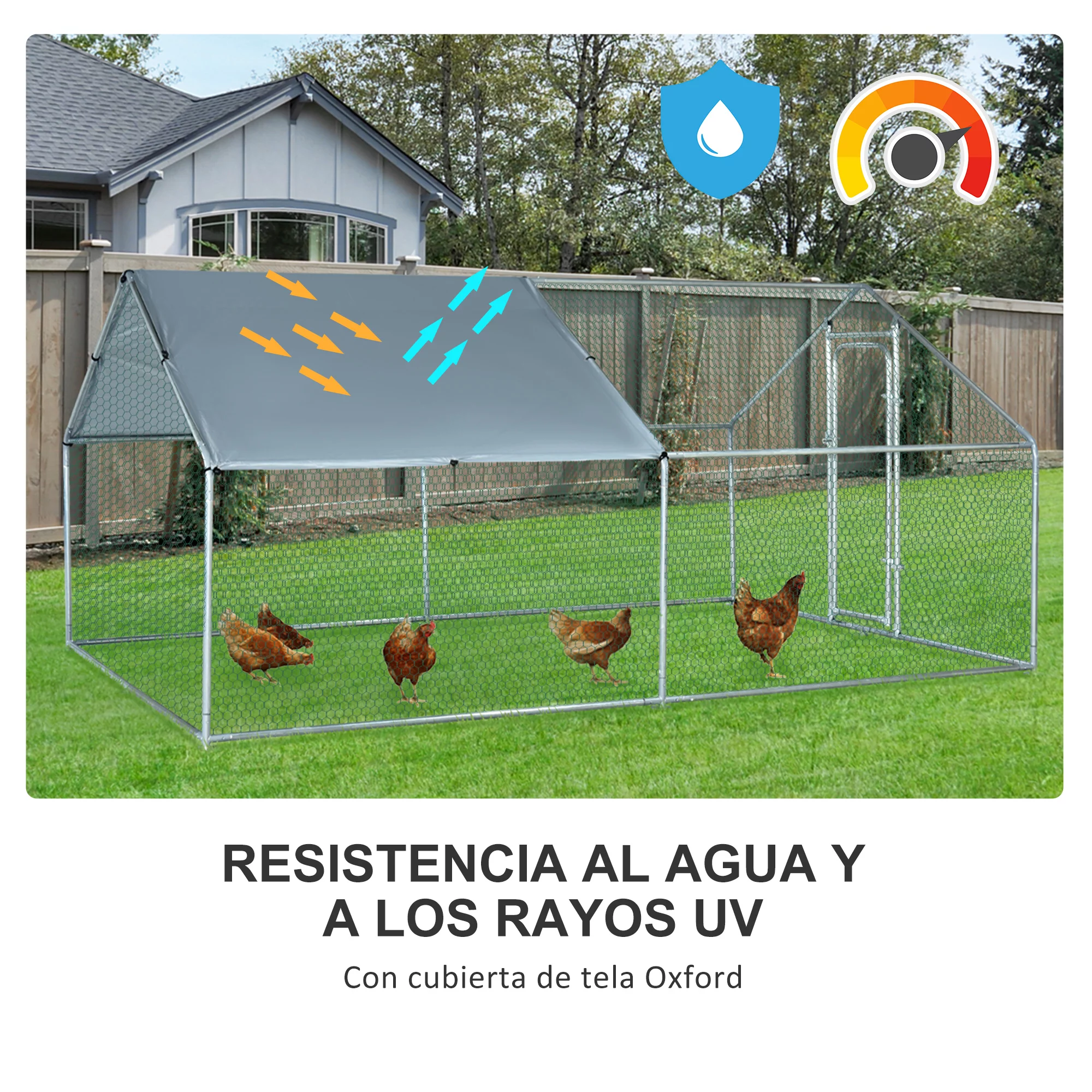 PawHut Gallinero de Exterior Grande 3x4x1,95 m Jaula de Metal Galvanizado para Gallinas Conejos Aves Corral con Cerradura y Cubierta de Tela Oxford Plata - Imagen 5