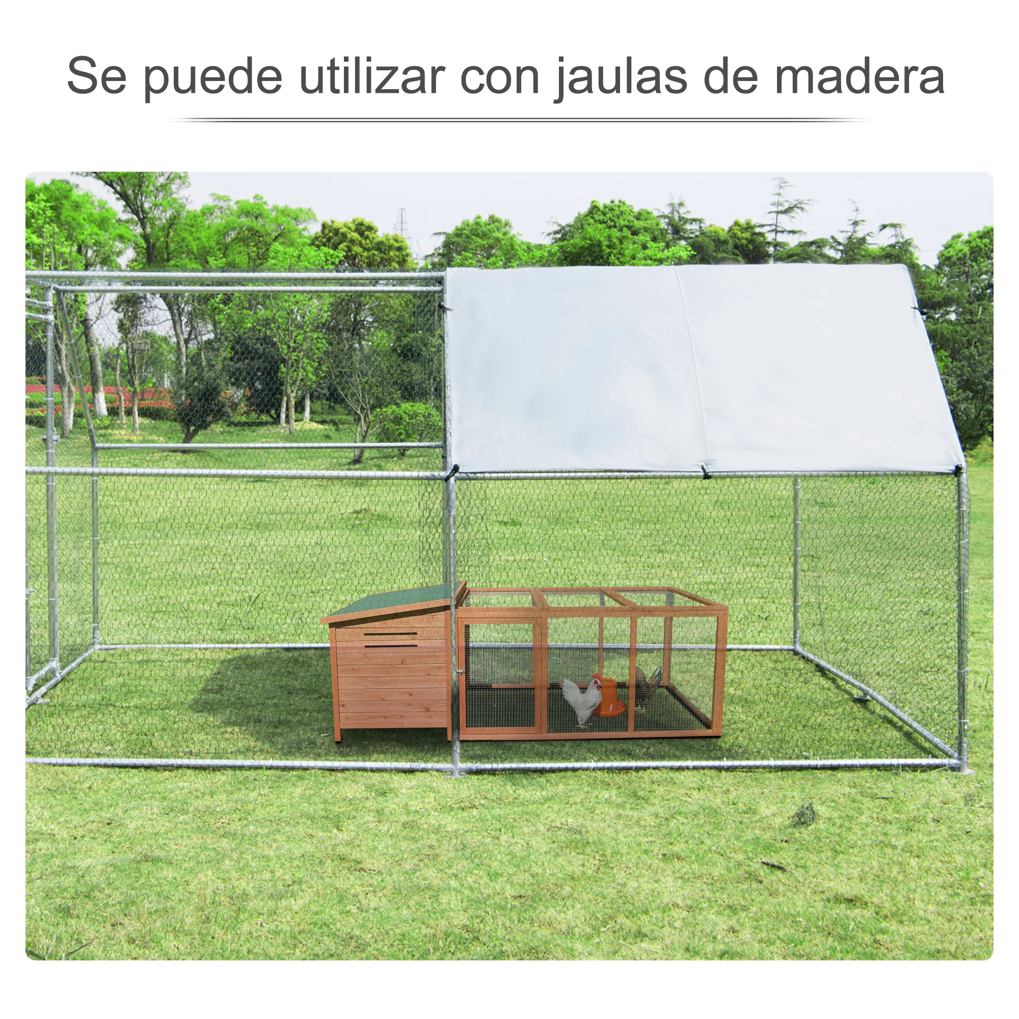 PawHut Gallinero de Exterior Grande 3x4x1,95 m Jaula de Metal Galvanizado para Gallinas Conejos Aves Corral con Cerradura y Cubierta de Tela Oxford Plata - Imagen 6