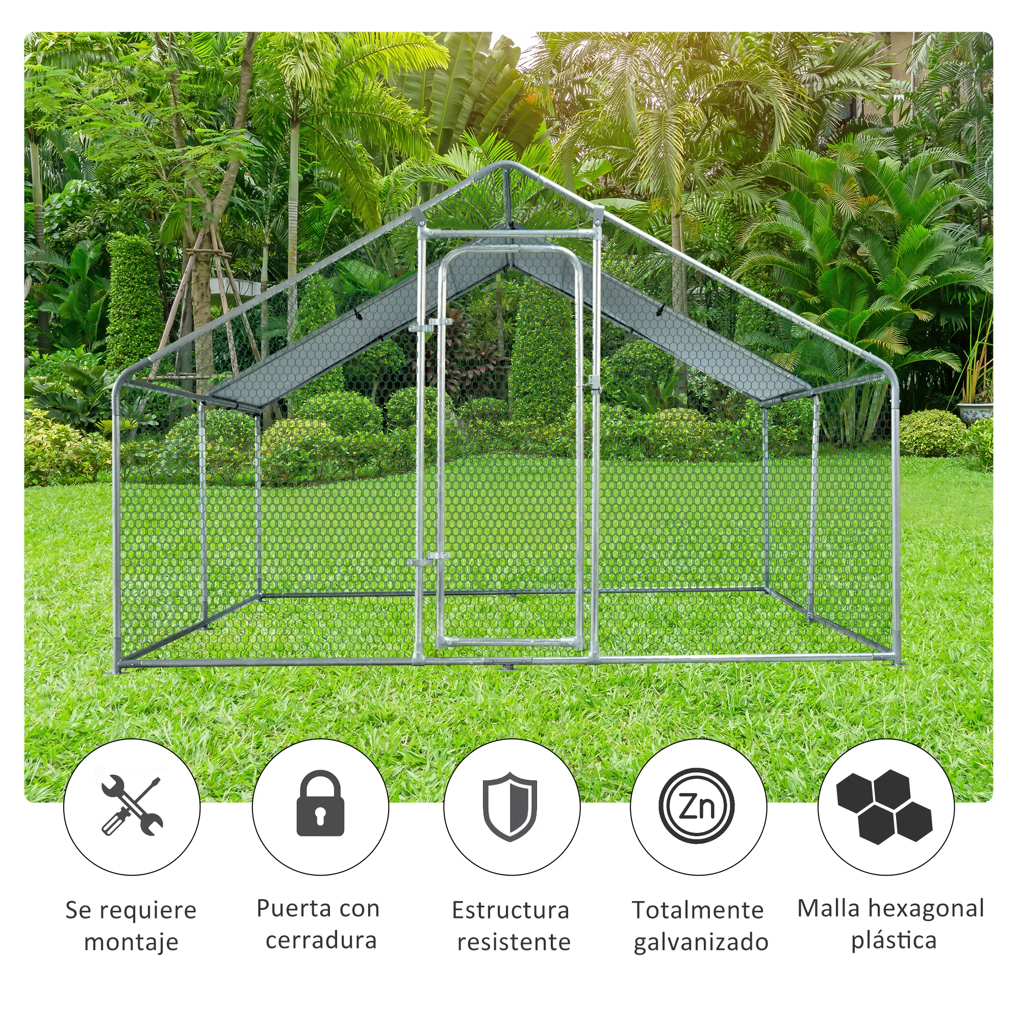 PawHut Gallinero de Exterior Grande 3x4x1,95 m Jaula de Metal Galvanizado para Gallinas Conejos Aves Corral con Cerradura y Cubierta de Tela Oxford Plata - Imagen 7