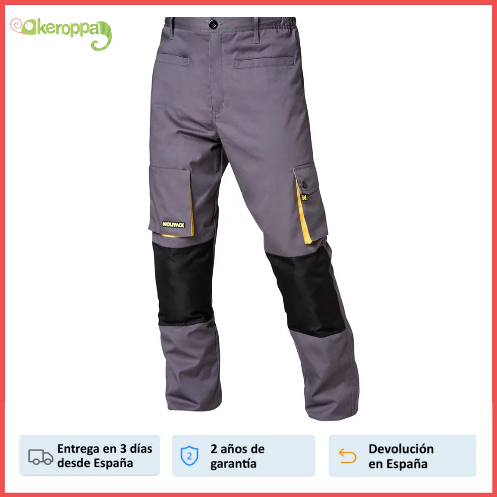 Wolfpack, Pantalones Largos De Trabajo, Gris/Amarillo, Tallas S/M/L/XL/2XL/3XL Multibolsillos, Resistentes, Rodilla Reforzada, Ropa de Seguridad.